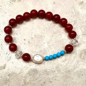 HANDMADE Red Agate + Real Turquoise + Real Pearl Beaded Stretch Bracelet